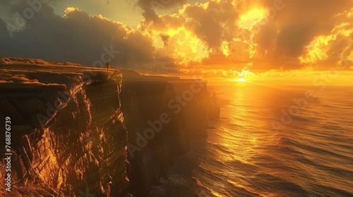 A lone figure on a cliffside, gazing at a vast ocean bathed in golden sunset light