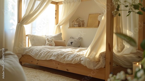 Quaint wooden bed fort stands in a serene nursery © PRI