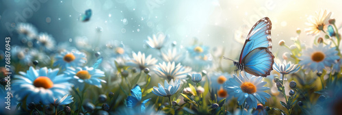 A beautiful meadow with daisies, blue and white butterflies flying in the air, Nature landscape with white flowers on green grass field. Spring concept,