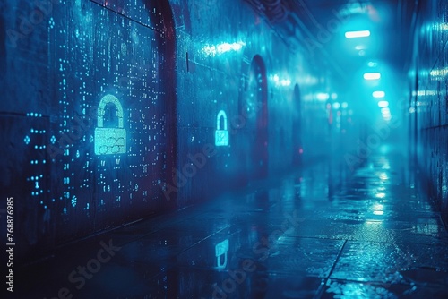 Capture the essence of web security and data protection in a dynamic web banner image, showcasing cutting-edge technology as the frontline defense against cyber vulnerabilities