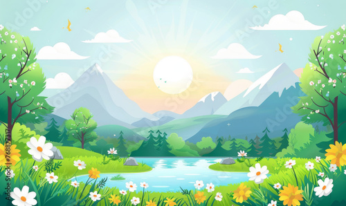 Springtime illustration featuring a lush green valley  colorful flowers  and a small river.