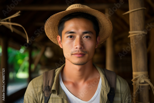 AI generated photo image of handsome man traveler exploring tropical exotic forest