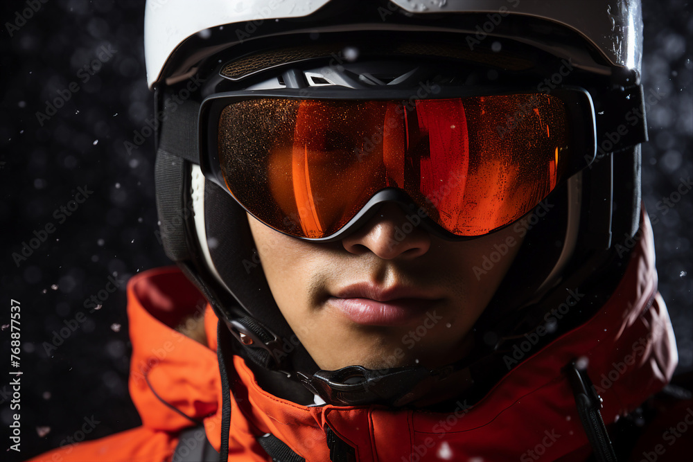 Generative AI image of male mountaineer in warm sportswear and sunglasses on snowy mountain Generative AI image of male mountaineer in warm sportswear and sunglasses on snowy mountain