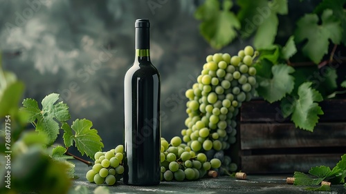 Dark wine bottle with clusters of ripe and green grapes
