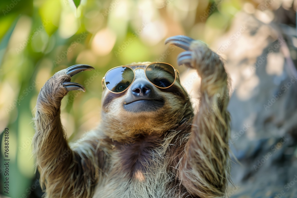 Fototapeta premium A sloth wearing sunglasses and a hat