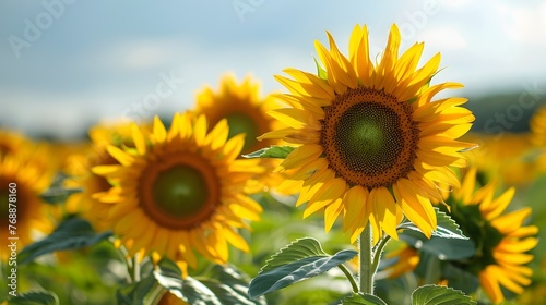 Radiant Summer Sunflowers Basking in Golden Sunshine Over Lush Floral Field Landscape