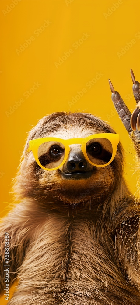 A sloth wearing yellow sunglasses is posing for a picture