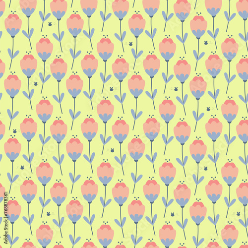 Colorful and bright spring tulips seamless pattern. Pink flowers on yellow background. Flying bees in the garden.