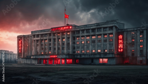 Dark gray soviet style building dictatorship and dystopia concept	
 photo