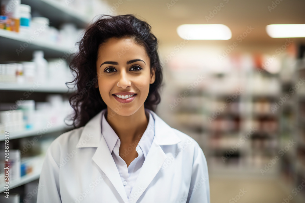 Smiling cheerful confident pharmacist in drugstore store shop Generative AI