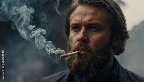 Brutal serious Man with beard smoke cigarettes