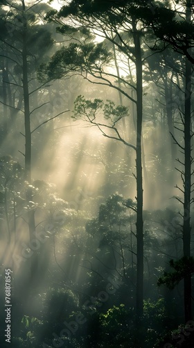 Ethereal Misty Grove An Early Morning Forest Scene with Soft Sunlight and Hazy Atmosphere