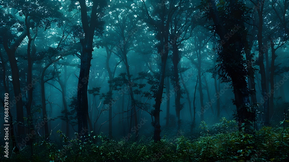 Naklejka premium Mysterious Woodland at Nightfall A Lush Moody Forest Shrouded in Moonlit Mist and Secrets