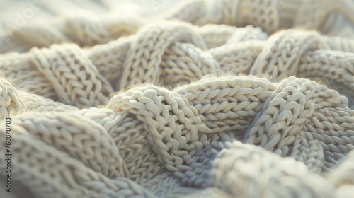 A chunky white cable-knit sweater, showcasing the intricate texture of the knit.