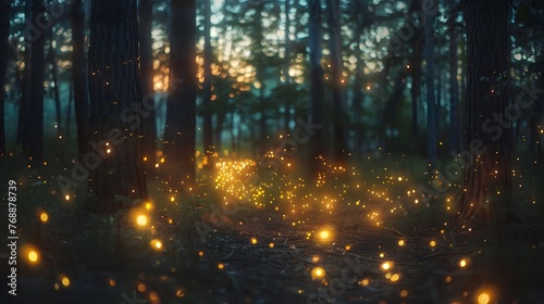Enchanting Firefly Dance in Mystical Twilight Forest Landscape