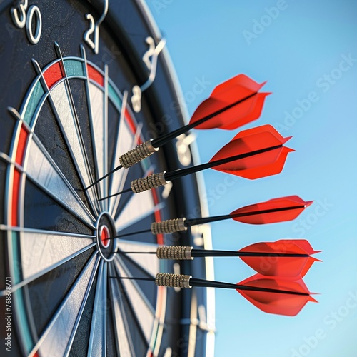 Detailed view of multiple 3D darts hitting a target in a sequence