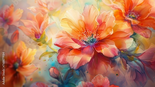 Precise close-up of floral watercolor artwork, highlighting the beauty of nature for artistic wallpaper. © Nawarit