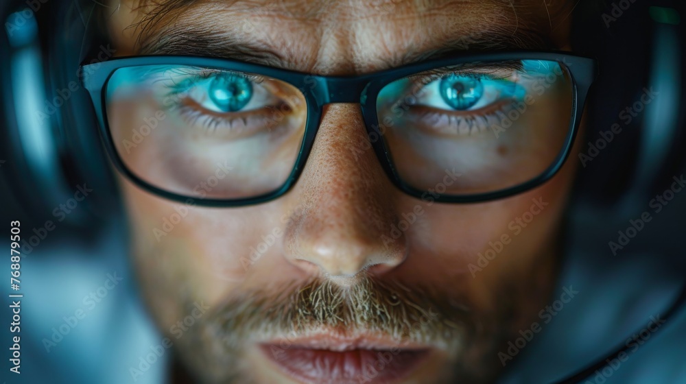 In the midst of a security audit, a cybersecurity expert's face, adorned with headphones, is depicted in an intricate extreme close-up, showcasing their meticulous scrutiny of every detail. In the midst of a security audit, a cybersecurity expert's face, adorned with headphones, is depicted in an intricate extreme close-up, showcasing their meticulous scrutiny of every detail.