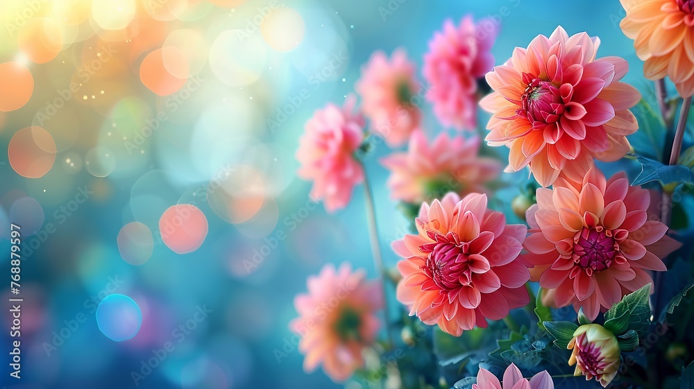 Vivid dahlia blooms cornering a bright announcement space Vivid dahlia blooms cornering a bright announcement space