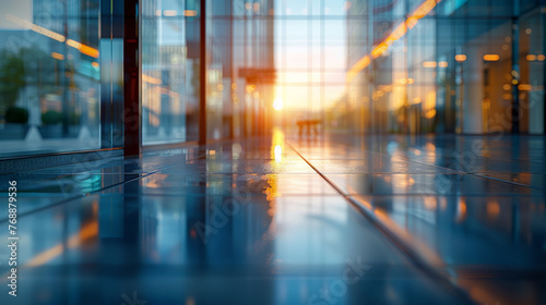 Blurred office interior background with panoramic windows and light from the window with green plant. Blurred office space with a business concept banner template