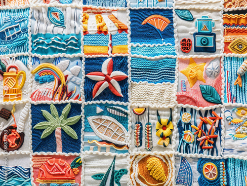 Knitted fabric with a summer theme pattern consisting of stitched in patches related to summer vacation items. 
