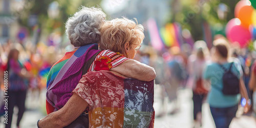 Portrait of mature lesbian women hugging at LGBT Pride. The backdrop of pride and rainbow flags