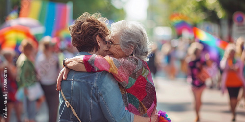 Portrait of mature lesbian women hugging at LGBT Pride. The backdrop of pride and rainbow flags