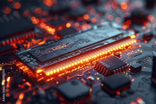 Experience a lifelike rendering of a RAM memory module capturing the intricate patterns and connectors in fine detail. Explore the intricate design of the module photo