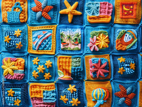 Knitted fabric with a summer theme pattern consisting of stitched in patches related to summer vacation items. 