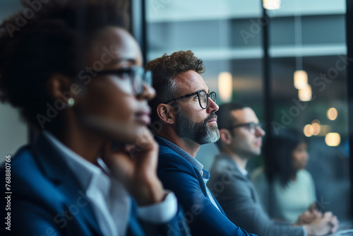 Corporate meeting with successful business people in modern workstation building Generative AI