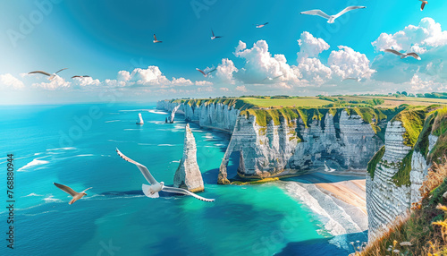 Photo of Étretat in France, white rocks and green grassy hills on the left side, beach with blue water on the right side, flying seagulls, clear sky, sunny day