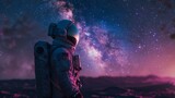 A moody, atmospheric image of an astronaut gazing at the night sky, the Milky Way casting a soft luminescence over the pink desert landscape, isolated against the backdrop of cosmic wonder, evoking a 