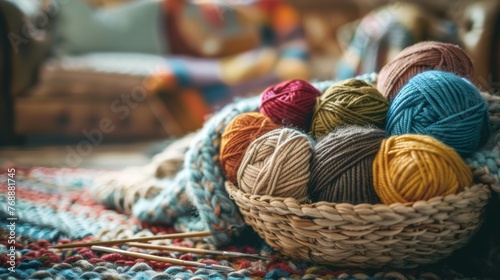 A close-up shot of a basket overflowing with colorful yarn and knitting needles on a braided rug, a cozy hobby space. 