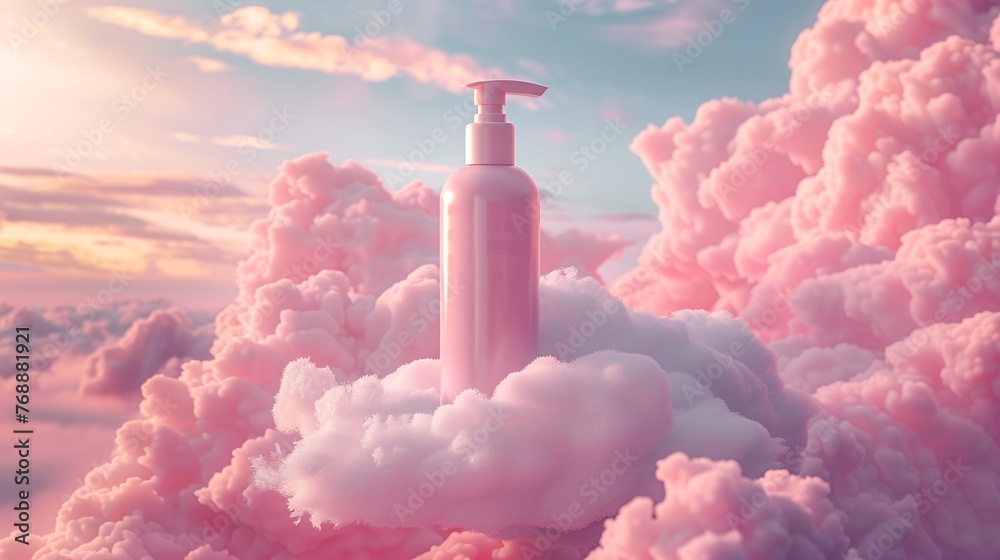 A serene 3D rendering of a pastel pink cosmetic container nestled on a soft, cloudlike platform, its elegant lotion bottle with pump illuminated by a gentle, diffused light, perfect for a soothing pro - obrazy, fototapety, plakaty 