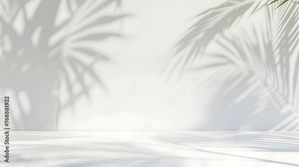 Tropical palm leaf shadow background wall, used for product display, advertising display, summer sample display,Minimalist poster banner background