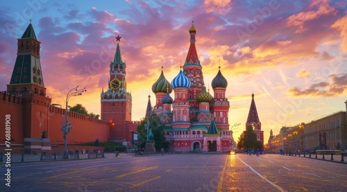 A panoramic view of the Moscow Red Square, showcasing St Basil's Cathedral and Sretenskymoskull tower, bathed in sunlight with blue sky above