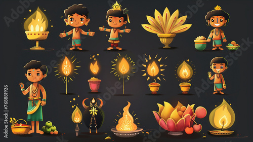 set of Vishu a cartoon characters and design elements such as fireworks photo