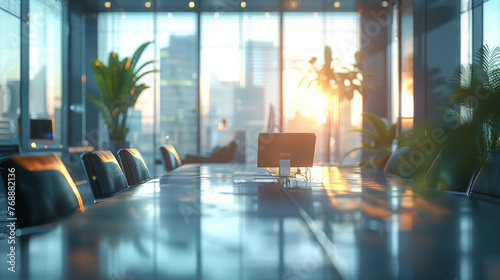 Wallpaper Mural A blurred office conference room with large glass windows, blurred modern office meeting room interior Torontodigital.ca