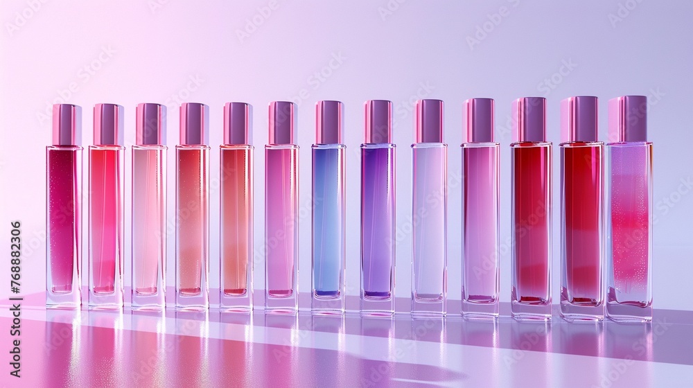 A sleek and modern mockup of lip gloss bottles, their pastel bodies contrasted with metallic caps, lined up against a clean, light background, emphasizing the brands fusion of traditional elegance wit A sleek and modern mockup of lip gloss bottles, their pastel bodies contrasted with metallic caps, lined up against a clean, light background, emphasizing the brands fusion of traditional elegance wit