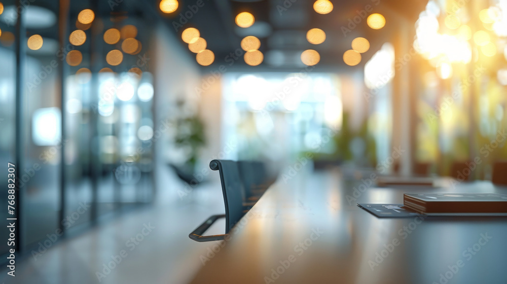 A blurred office conference room with large glass windows, blurred modern office meeting room interior