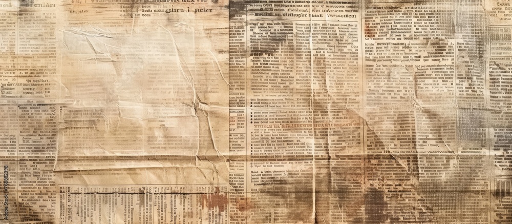 The image shows an old newspaper filled with various newspaper clippings scattered around. The newspaper has a vintage, grunge appearance with a blank brown background providing a textured newprint