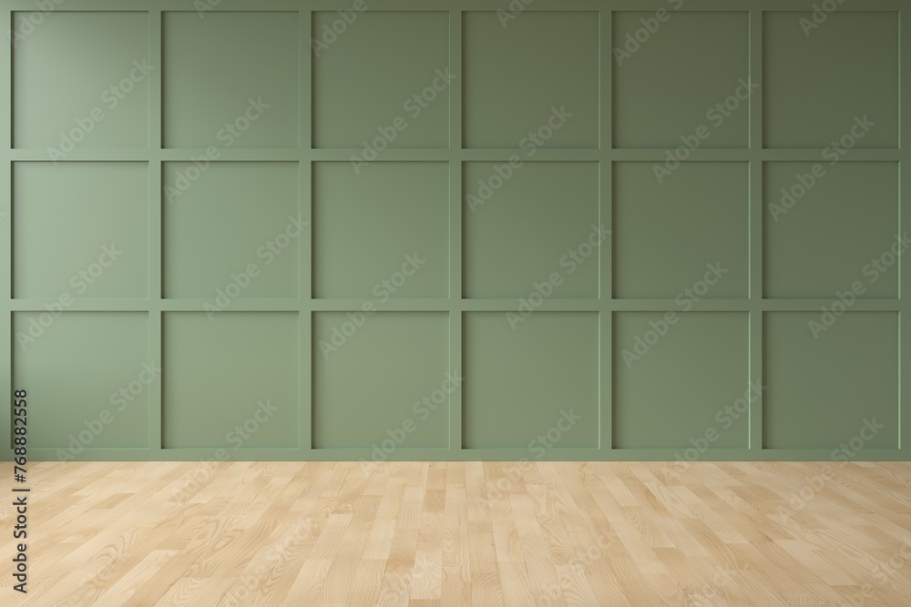 Interior green wall background with wooden floor. Empty space for products presentation or text for advertising. 3d rendering