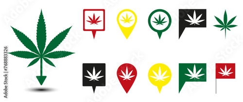 set of map pin icons with cannabis hemp symbol, flat vector design, transparent background