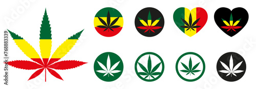set of badges and logo elements with cannabis hemp symbol, flat vector design, transparent background