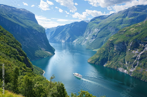 A panoramic view of the fjord, showcasing its majestic mountains and deep blue waters. A cruise ship is seen sailing along one side as it passes by waterfalls cascading down green hillsides