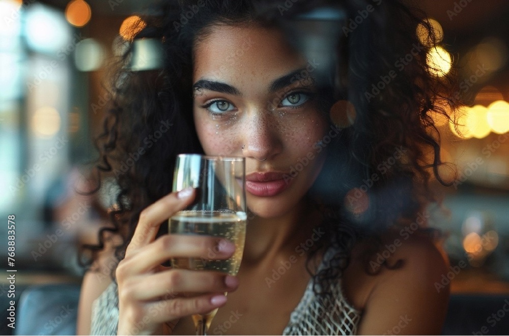 Stunning high resolution full length photographs of a multiracial girl, with unique gray eyes, dressed in fine mesh and rough leather, drinking champagne, in front of a frame with a defocused Memphis Stunning high resolution full length photographs of a multiracial girl, with unique gray eyes, dressed in fine mesh and rough leather, drinking champagne, in front of a frame with a defocused Memphis