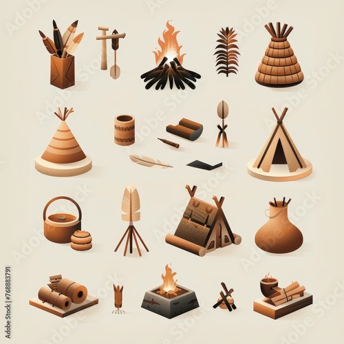 A series of minimalist vector icons representing primitive life, with a modernist design approach and warm, earthy palette photo
