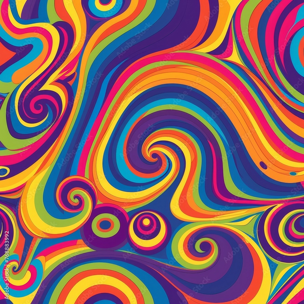 Psychedelic vector wallpaper with swirling patterns, in bold colors, reminiscent of 70s retro and bohemian styles