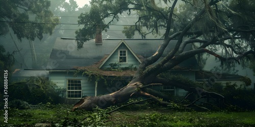 Roof damage to a house caused by a fallen tree during a hurricane. Concept Hurricane Damage, Tree Impact, Roof Repair, Natural Disasters, Home Insurance photo