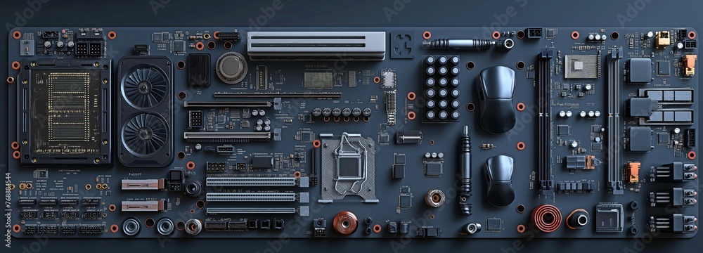 Fototapeta premium components for a personal computer and an efficiency tester. computer repair, service recovery warranty,